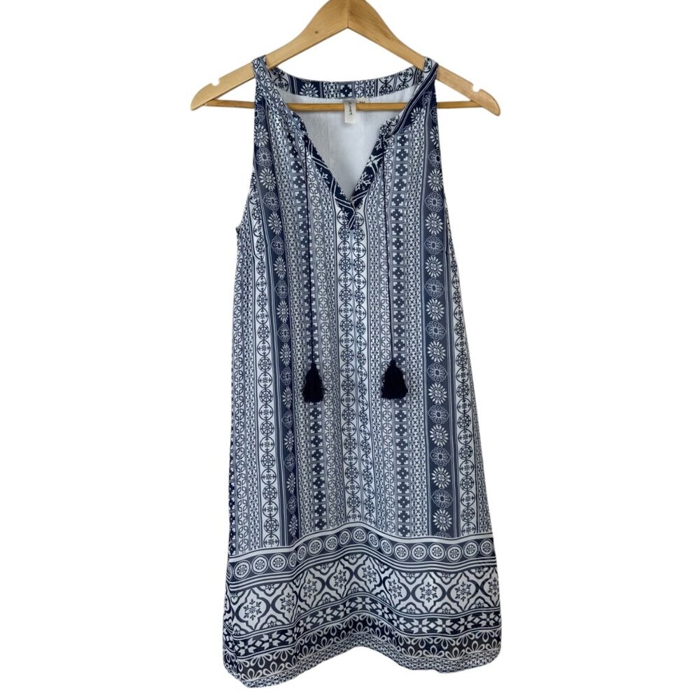 Tacera Navy Blue White Tank Dress Size PM Tassel Summer Lightweight Flowy Casual